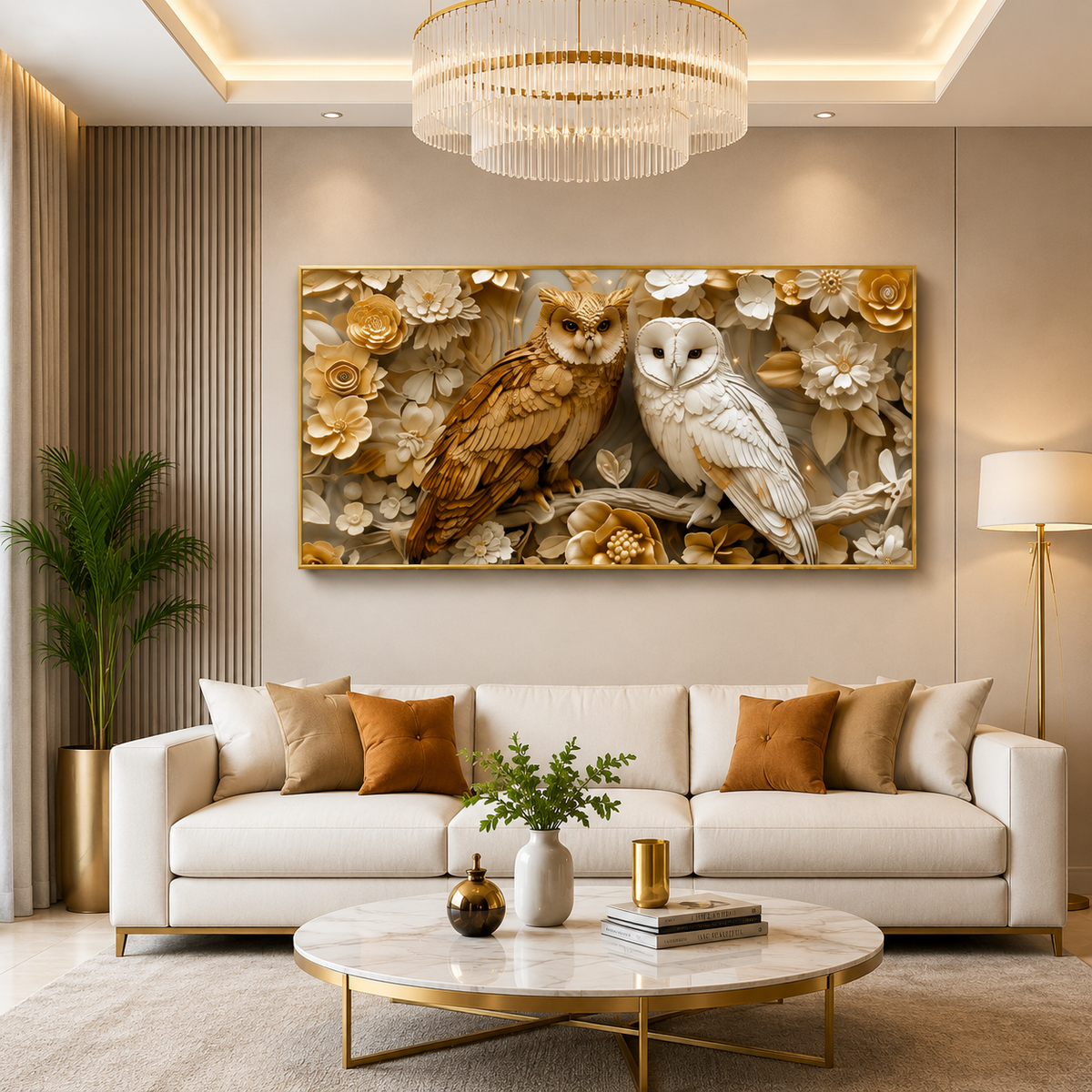 Royal Golden Owl Pair 3D Embossed Wall Art Canvas Print Frame