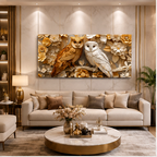 Royal Golden Owl Pair 3D Embossed Wall Art Canvas Print Frame