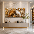 Royal Golden Owl Pair 3D Embossed Wall Art Canvas Print Frame