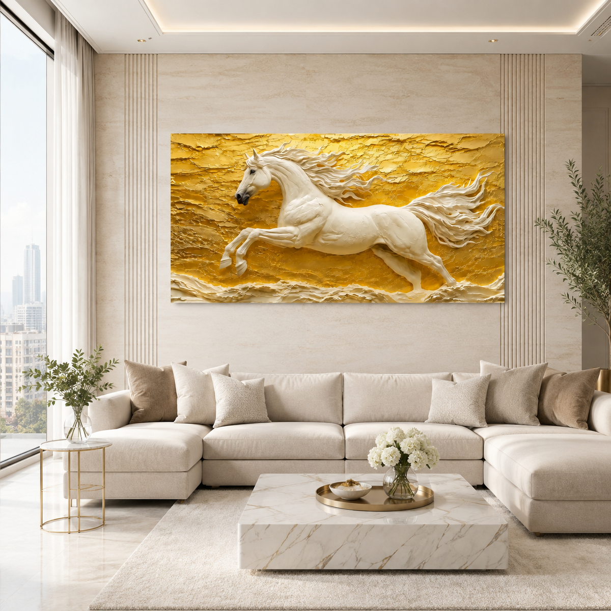 Luxury 3D White Horse Painting with Majestic Galloping Stallion Golden Textured Background