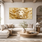 Elegant 3D Majestic Lion Face Golden Abstract Canvas Painting for Luxury Home Decoration
