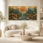 Luxury 3D Textured Mountain Forest Wall Art with Trees and Golden Sunset