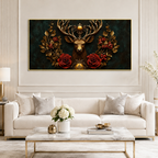 Designer 3D Deer Wall Art Painting with Golden Antlers, Red Roses and Intricate Floral Artwork for Living Room