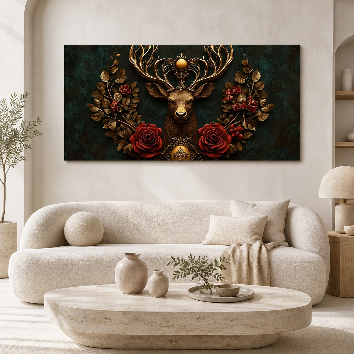 Designer 3D Deer Wall Art Painting with Golden Antlers, Red Roses and Intricate Floral Artwork for Living Room