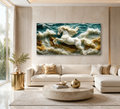 3D White Horse Sea Waves Gold Accent Luxury Wall Painting