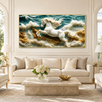 3D White Horse Sea Waves Gold Accent Luxury Wall Painting