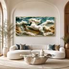 3D White Horse Sea Waves Gold Accent Luxury Wall Painting