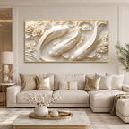 Elegant 3D Textured Koi Fish Wall Art Featuring Three White Koi Fish Flowers Flowing Water