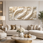 Elegant 3D Textured Koi Fish Wall Art Featuring Three White Koi Fish Flowers Flowing Water