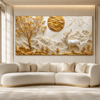 Elegant 3D Deer and Mountain Wall Art with Golden Moon and Tree Decoration