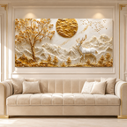 Elegant 3D Deer and Mountain Wall Art with Golden Moon and Tree Decoration