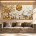 Elegant 3D Deer and Mountain Wall Art with Golden Moon and Tree Decoration