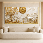 Elegant 3D Deer and Mountain Wall Art with Golden Moon and Tree Decoration