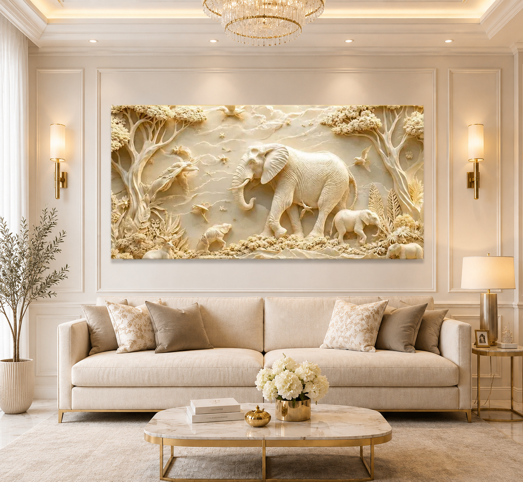 Luxury Elephant 3D Textured Wall Painting with Forest Wildlife Theme