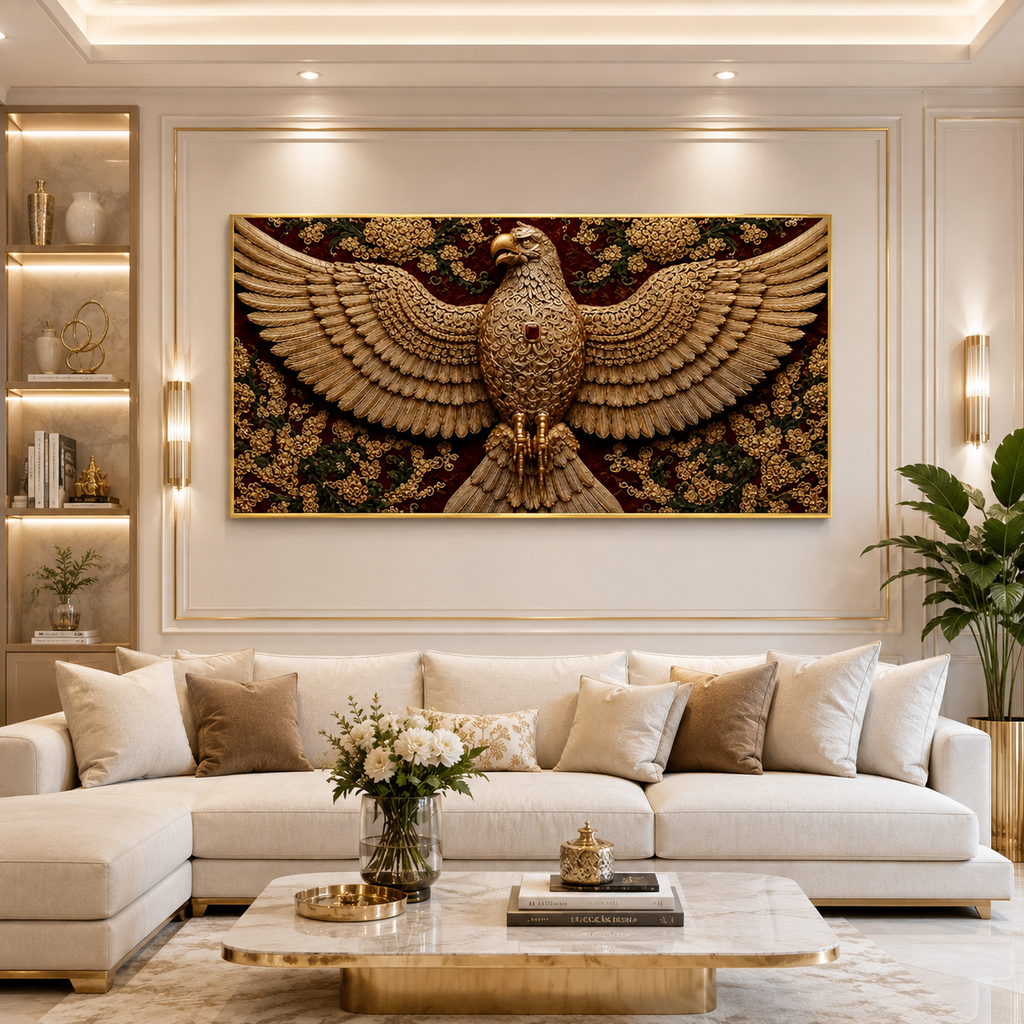 Royal Eagle 3D Wall Art Painting with Gold Embellishments for Luxury Home Interior