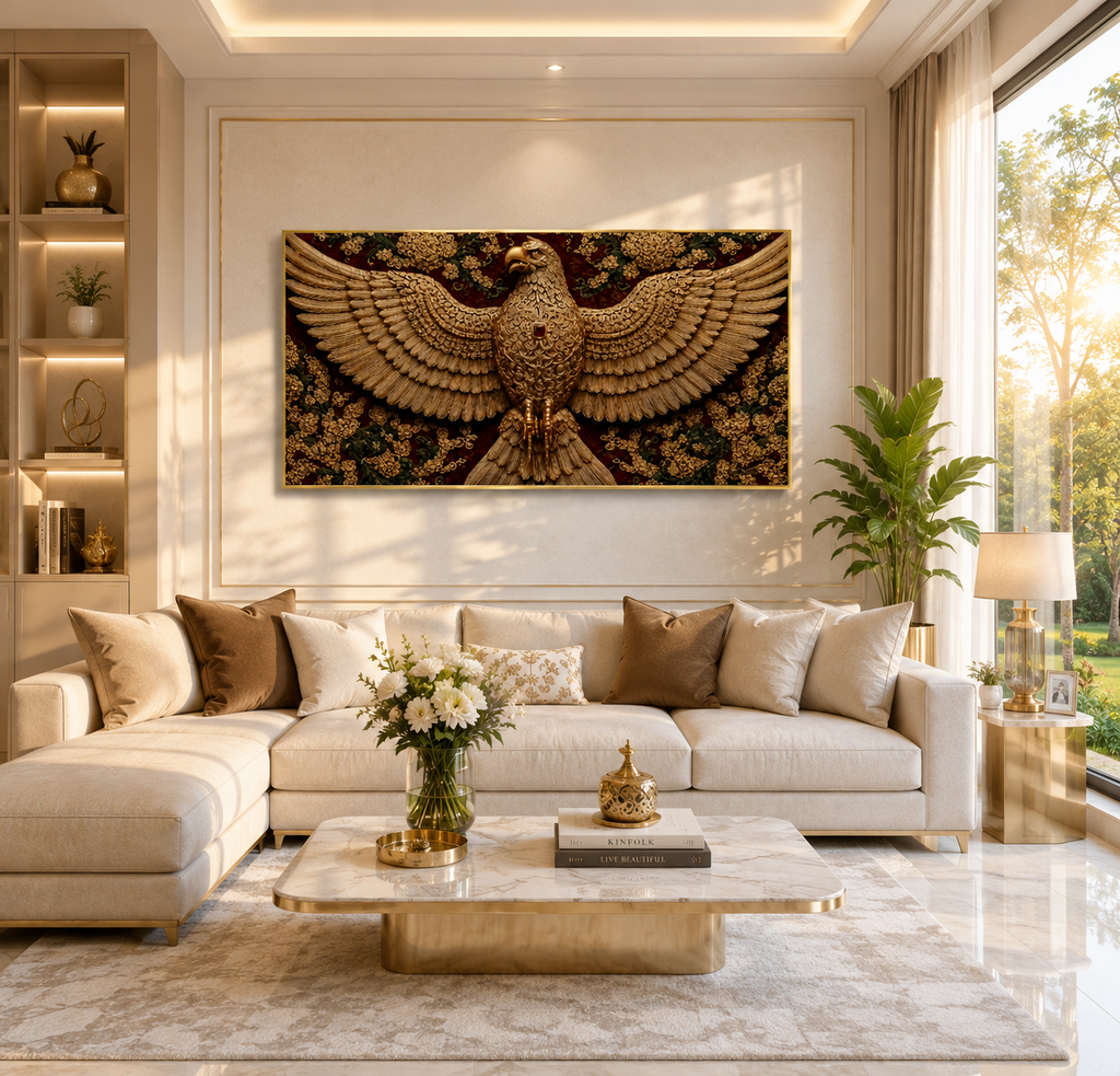 Royal Eagle 3D Wall Art Painting with Gold Embellishments for Luxury Home Interior