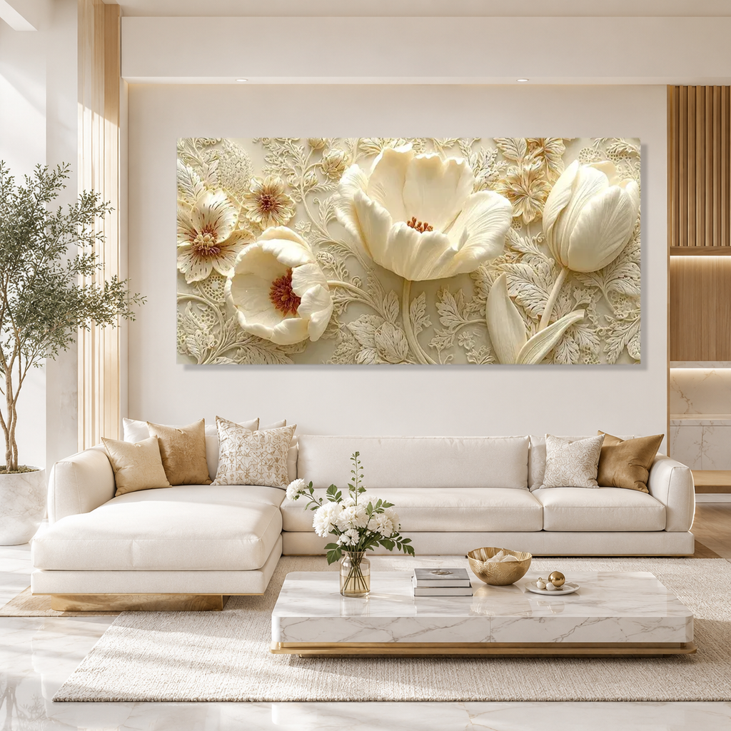 Luxury White Floral 3D Painting | Modern Embossed Flower Artwork for Home Decor