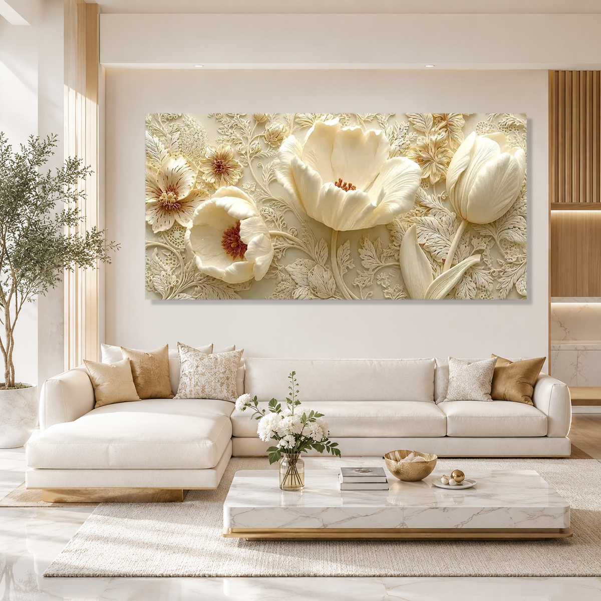 Luxury White Floral 3D Painting | Modern Embossed Flower Artwork for Home Decor