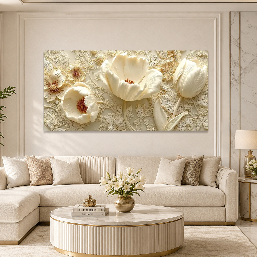 Luxury White Floral 3D Painting | Modern Embossed Flower Artwork for Home Decor