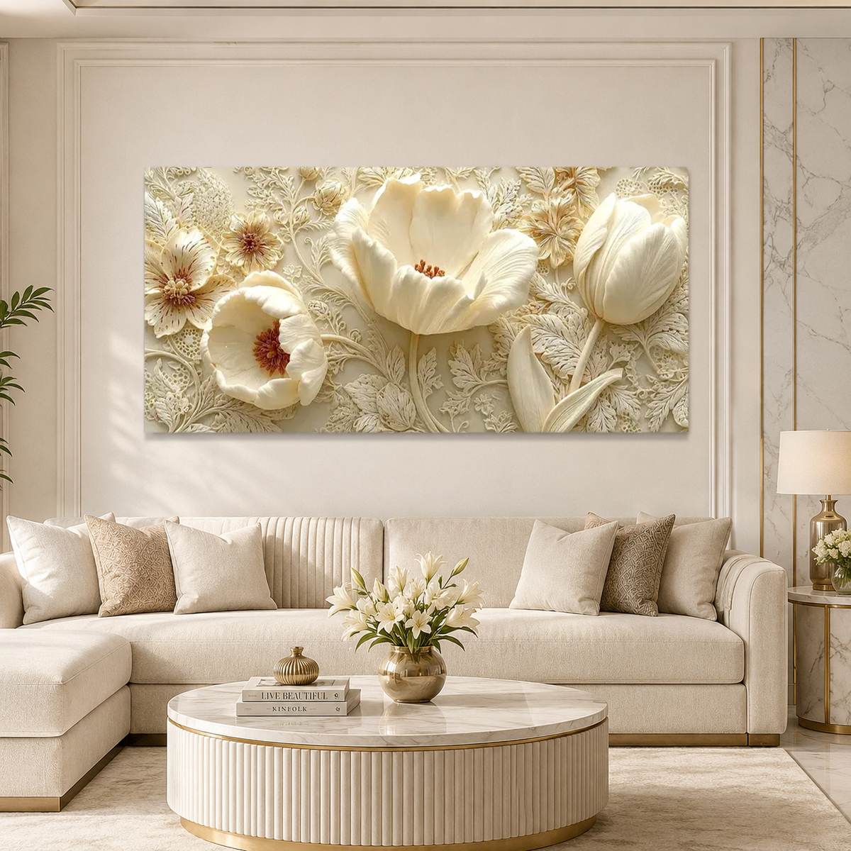 Luxury White Floral 3D Painting | Modern Embossed Flower Artwork for Home Decor