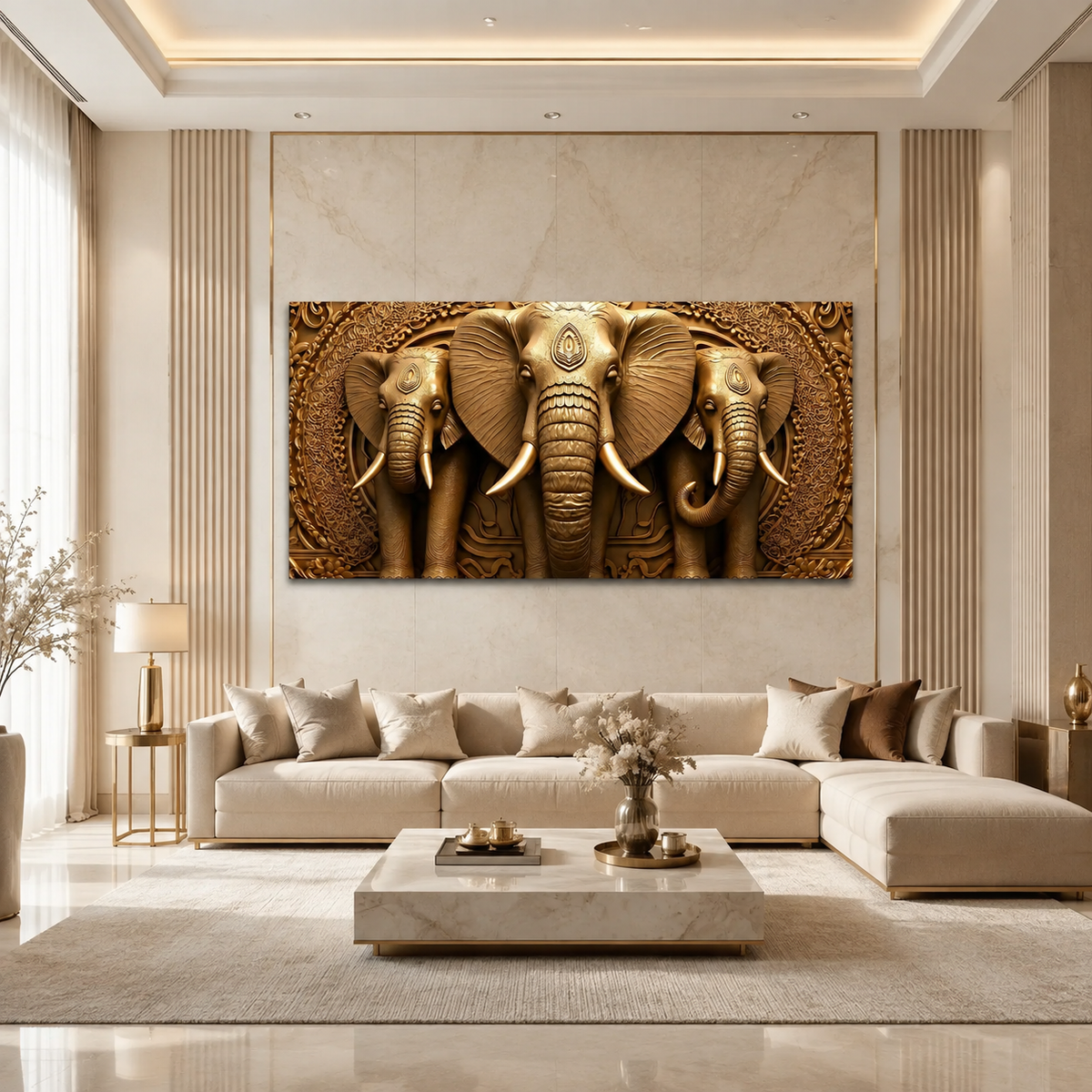 Premium Golden Elephant 3D Painting for Modern Luxury Interior Decor