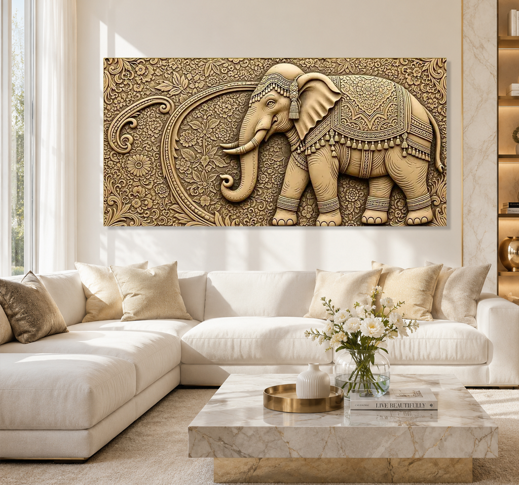 Antique Gold Elephant Wall Painting – Elegant 3D Artwork for Luxury Home Interiors