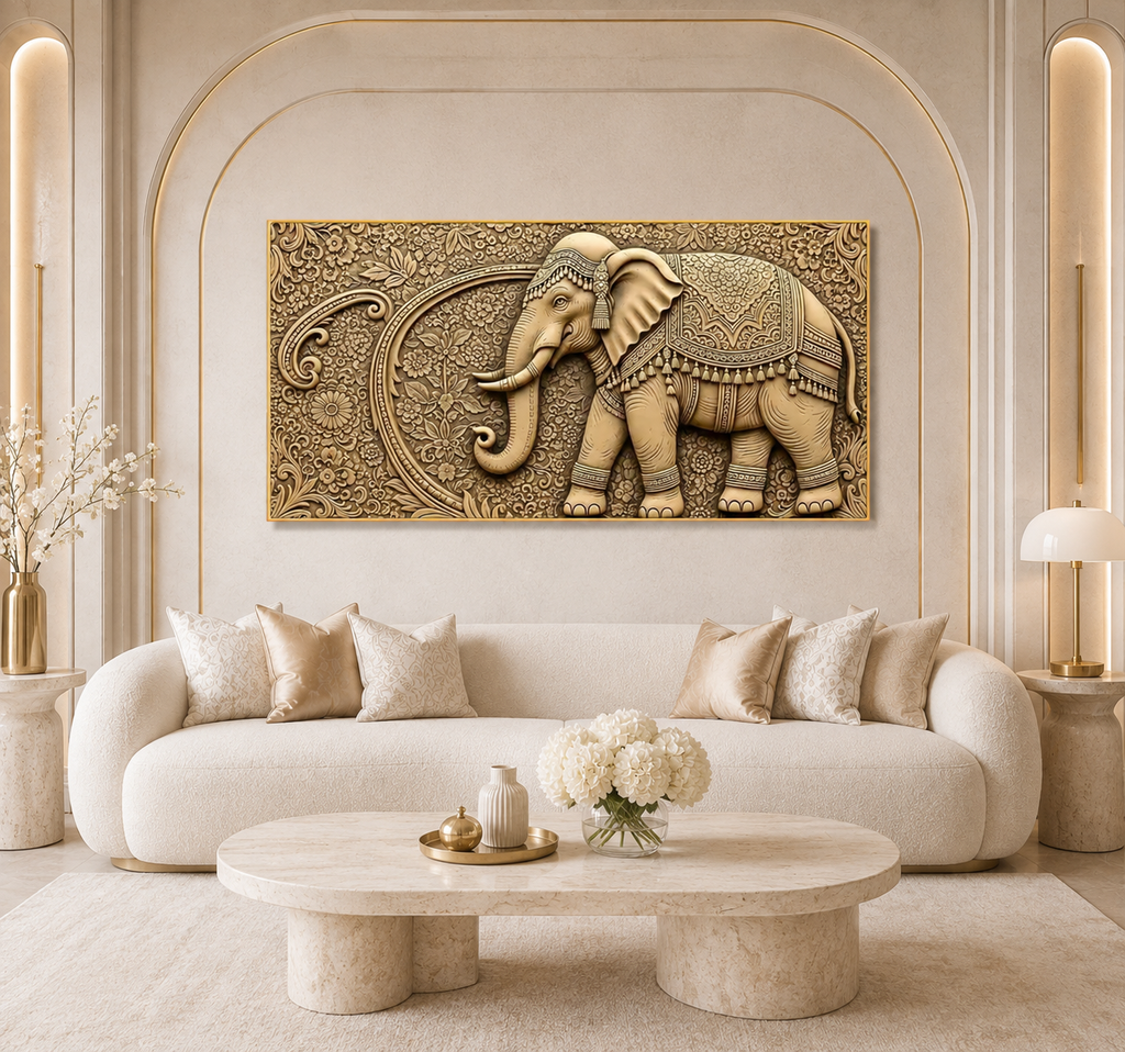 Antique Gold Elephant Wall Painting – Elegant 3D Artwork for Luxury Home Interiors
