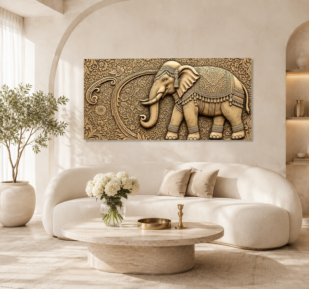 Antique Gold Elephant Wall Painting – Elegant 3D Artwork for Luxury Home Interiors