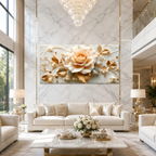 3D Cream Rose & Gold Leaves Canvas Wall Art Print Living Room
