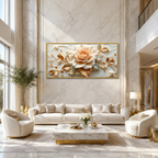 3D Cream Rose & Gold Leaves Canvas Wall Art Print Living Room