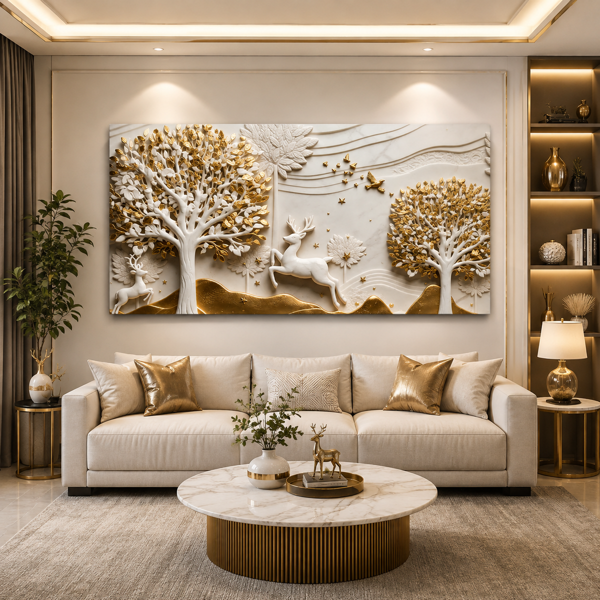Artistic 3D Golden Deer Embossed Canvas Frame Wall Decor Art