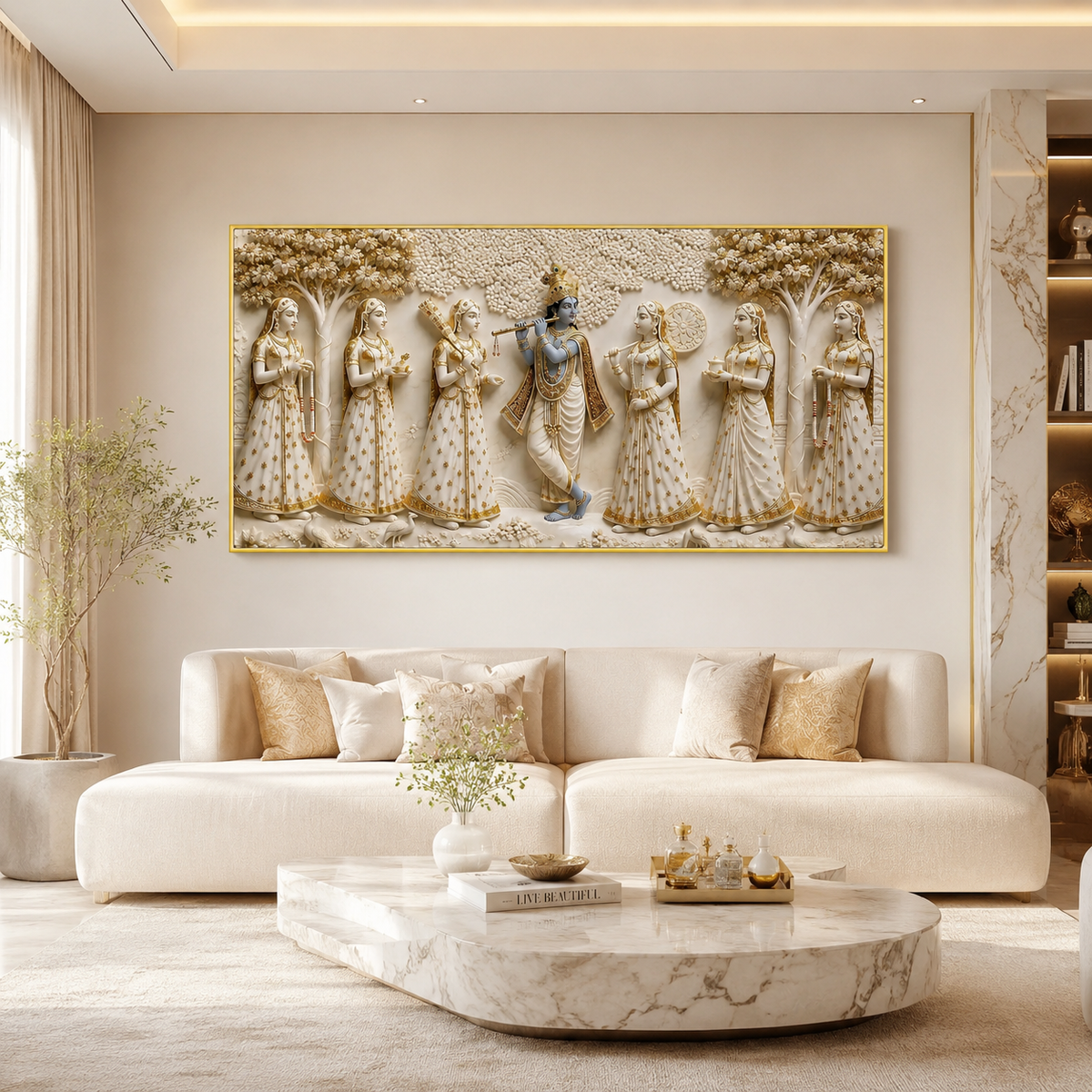Krishna with Gopis Wall Art Painting, Beautiful Indian Traditional Artwork for Spiritual Home