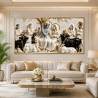 Lord Krishna Playing Flute with Radha 3D Wall Painting, Spiritual Indian Art for Elegant Home Decor