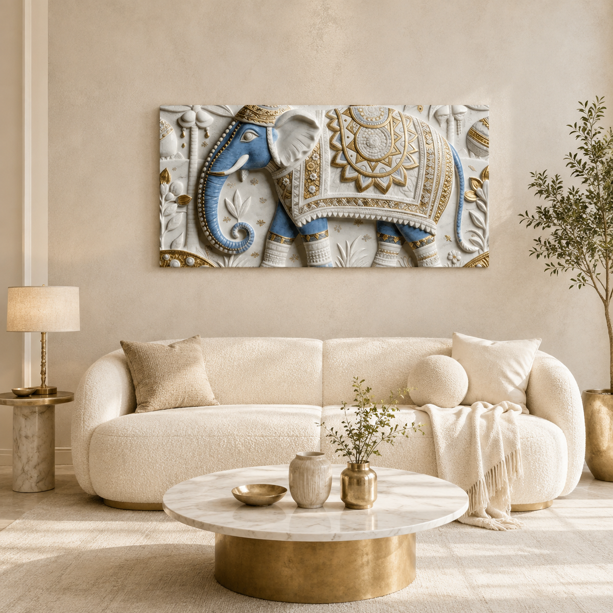 Luxury Golden Accent Elephant 3D Embossed Canvas Decor Frame