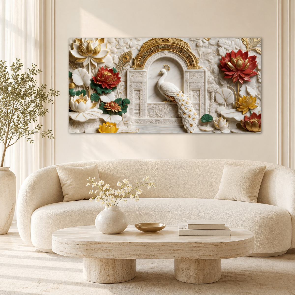 Designer Peacock 3D Wall Art with Colorful Lotus Flowers for Home Decor