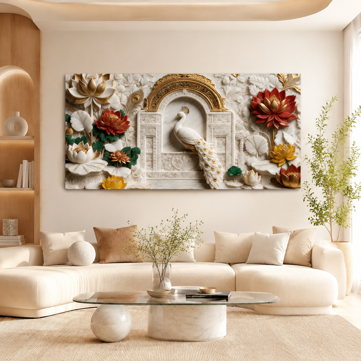 Designer Peacock 3D Wall Art with Colorful Lotus Flowers for Home Decor