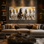 Luxury 3D Seven Horses Wall Painting with Black and White Horses, Golden Accents for Home Decor