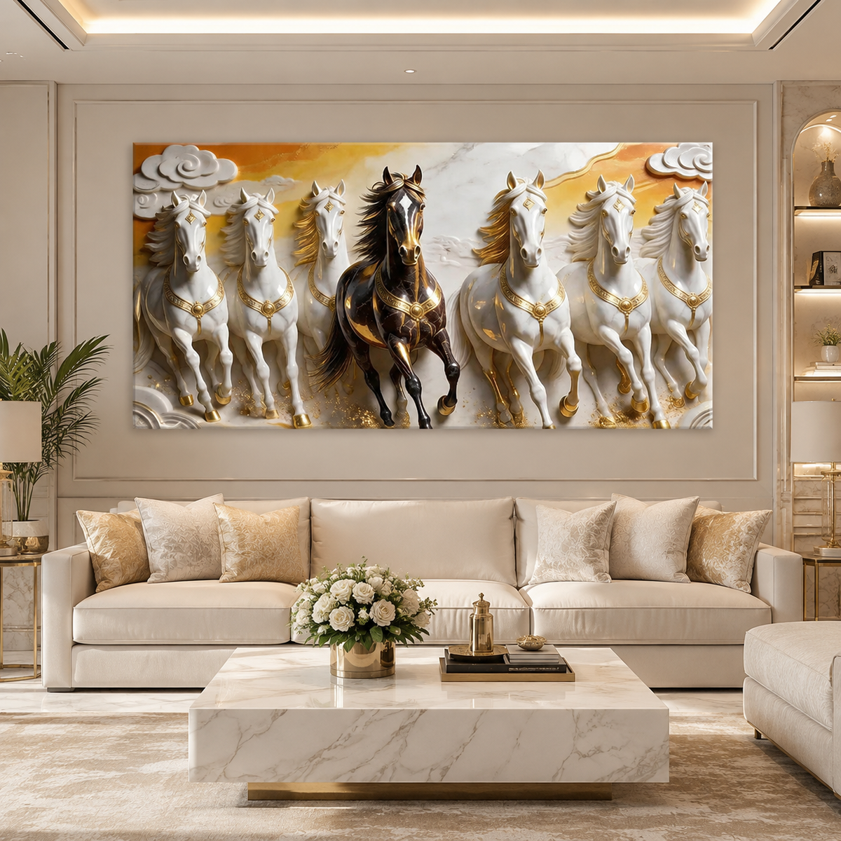 Luxury 3D Seven Horses Wall Painting with Black and White Horses, Golden Accents for Home Decor