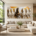 Luxury 3D Seven Horses Wall Painting with Black and White Horses, Golden Accents for Home Decor