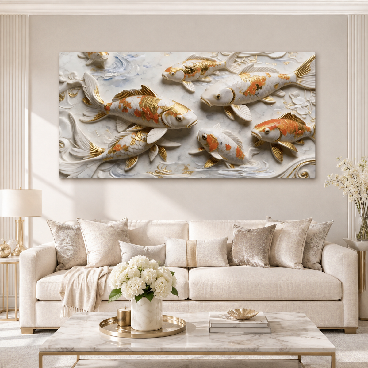 Elegant 3D Embossed Gold & Orange Koi Fish Painting - White Marble Relief Canvas Wall Decor