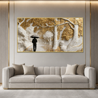 Elegant 3D Forest Wall Painting with Golden Leaves, White Trees and Rainy Pathway