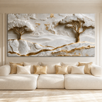Elegant White and Gold 3D Nature Wall Painting with Mountains and Artistic Trees
