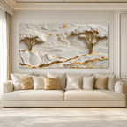 Elegant White and Gold 3D Nature Wall Painting with Mountains and Artistic Trees