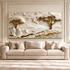 Elegant White and Gold 3D Nature Wall Painting with Mountains and Artistic Trees