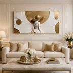 Sophisticated 3D Woman Painting with White Gown and Gold Hat for Modern Living Room Decor