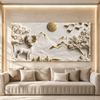Premium Deer 3D Wall Art with White Mountains, Golden Accents and Floral Trees