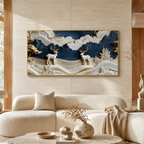 Premium 3D Deer Painting for Living Room Featuring Royal Blue Mountains