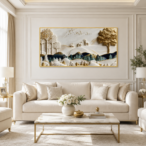 Luxury 3D Mountain Landscape Wall Painting with Forest Trees, Deer and Golden Artistic Details