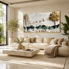 Luxury 3D Mountain Landscape Wall Painting with Forest Trees, Deer and Golden Artistic Details