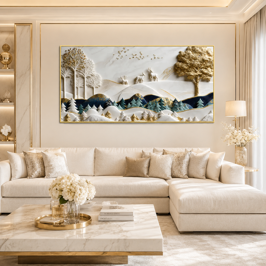 Luxury 3D Mountain Landscape Wall Painting with Forest Trees, Deer and Golden Artistic Details